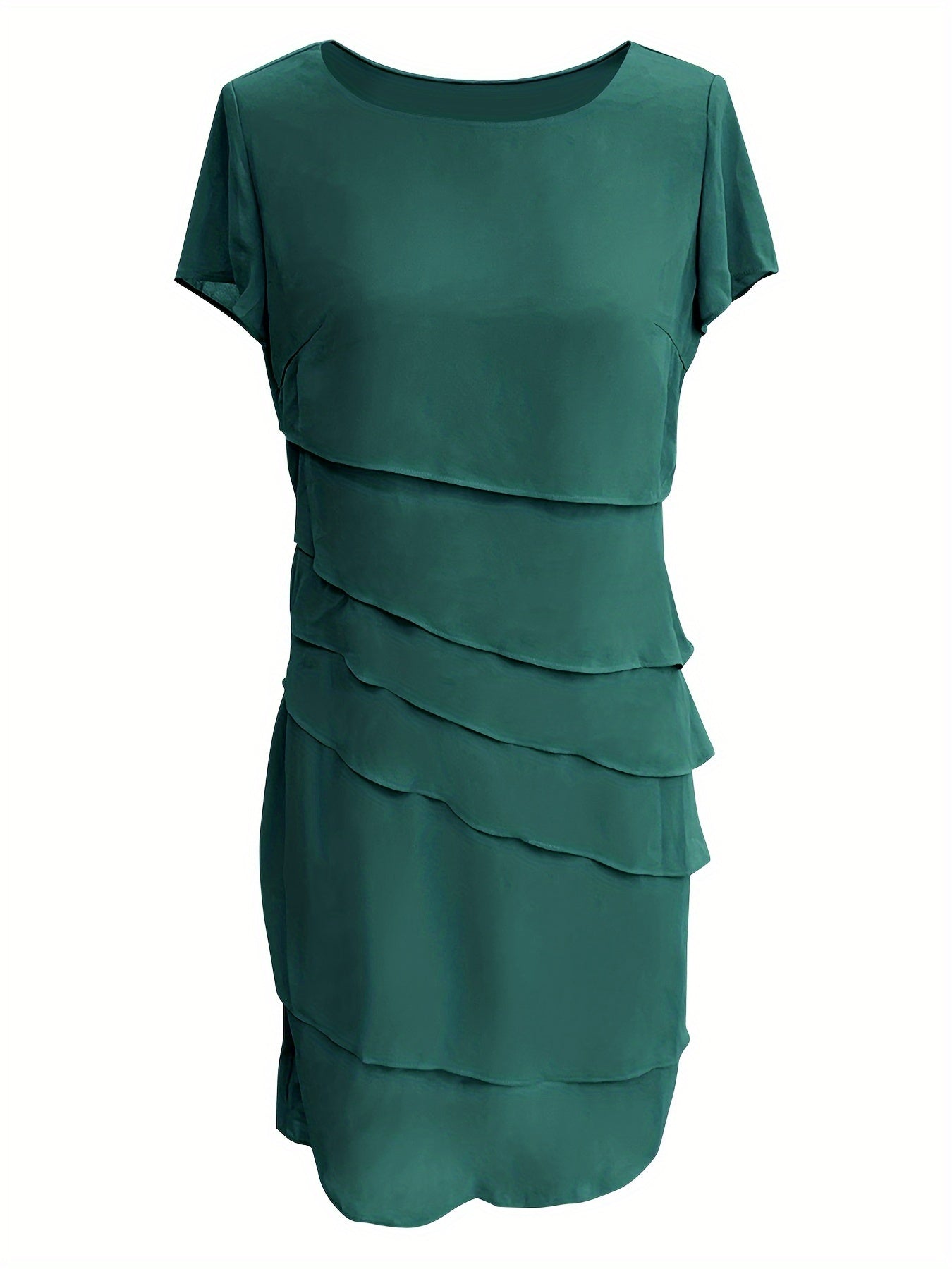 Elegante vestido formal de una sola capa con ribete de color, cuello redondo y manga corta para mujer | Para ocasiones formales