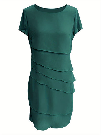 Elegante vestido formal de una sola capa con ribete de color, cuello redondo y manga corta para mujer | Para ocasiones formales