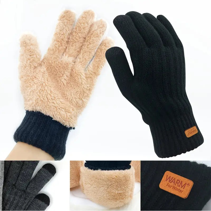 Gants d'hiver chauds, un en laine noire et un en fausse fourrure beige, étiquette "Warm" visible, confort et style pour temps froid.