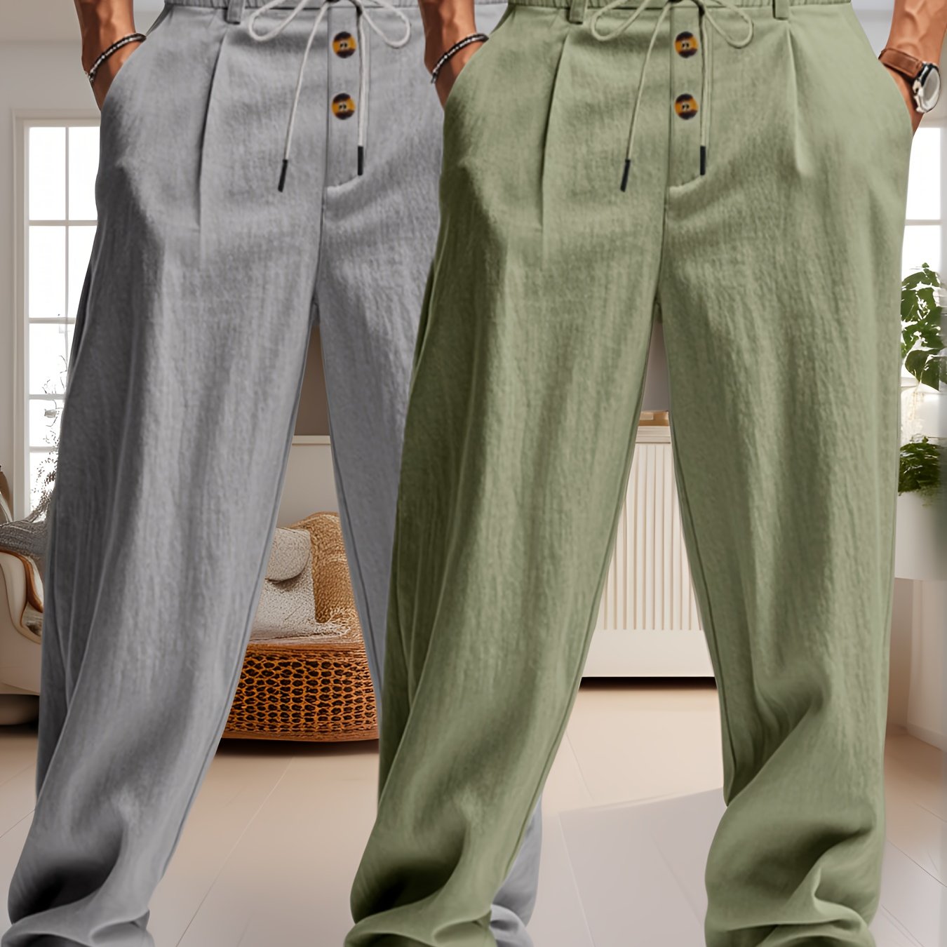 Deux pantalons en lin pour hommes, l'un gris et l'autre vert, avec cordons de serrage et boutons en bois, posés dans un salon moderne et lumineux.