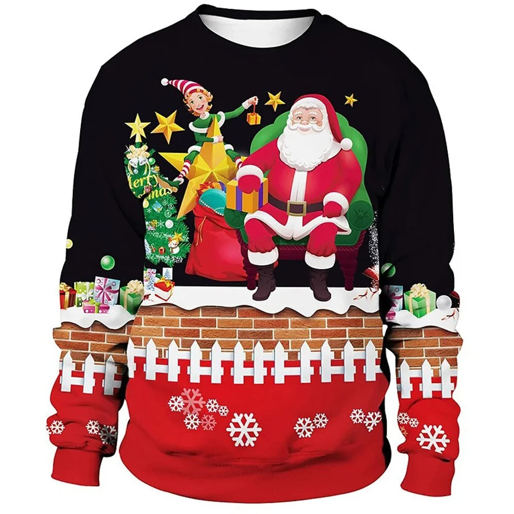 Pull de Noël avec Père Noël et lutin, décoré de cadeaux, sapin et motifs festifs. Vêtements de fête, mode hiver, style amusant et coloré.