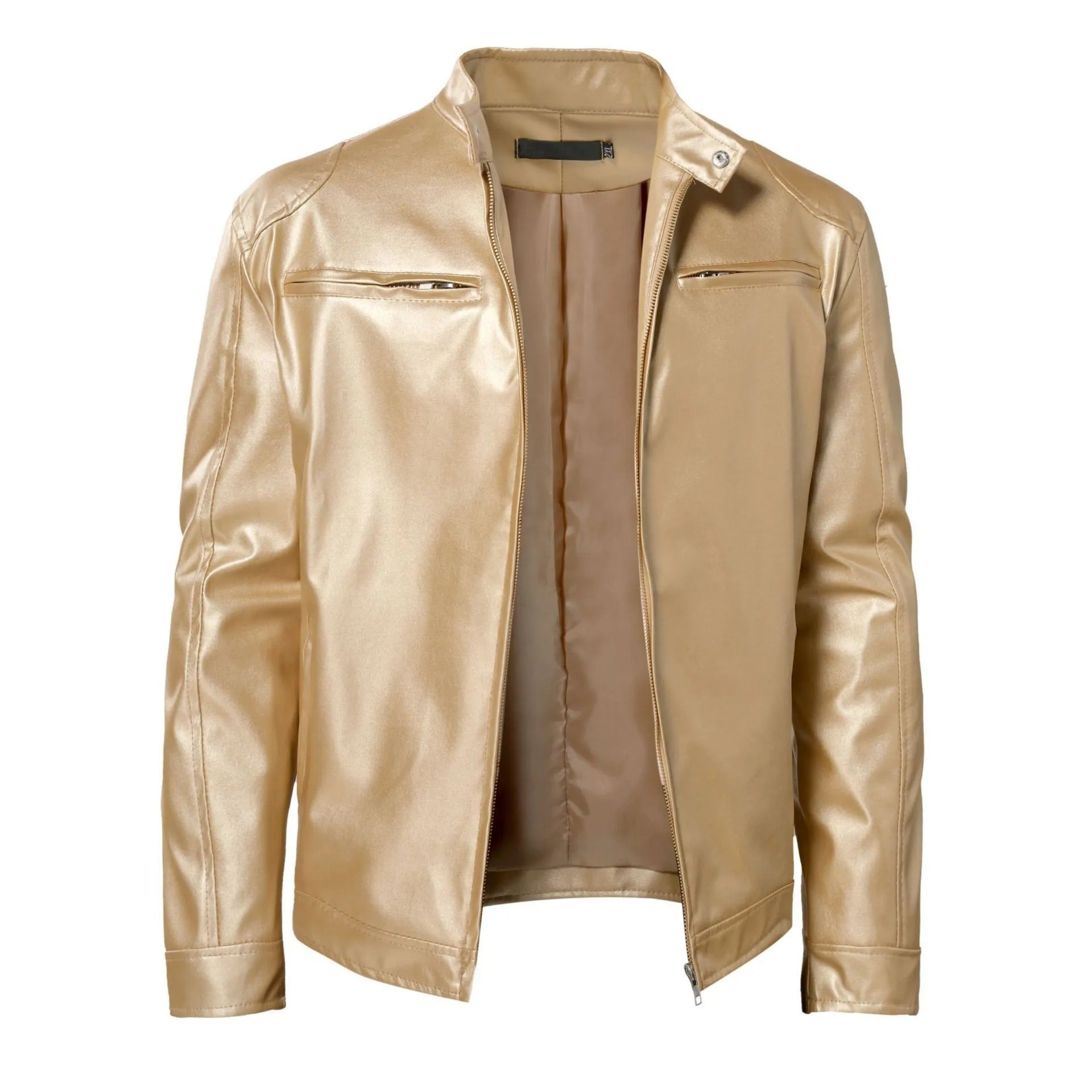 Veste en cuir doré pour homme, style moderne avec fermeture éclair, poches zippées, col montant. Mode masculine élégante et tendance.