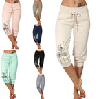 Pantalons capri femme avec motif pissenlit, disponibles en plusieurs couleurs: rose, beige, bleu, noir, vert, gris. Mode décontractée et tendance.