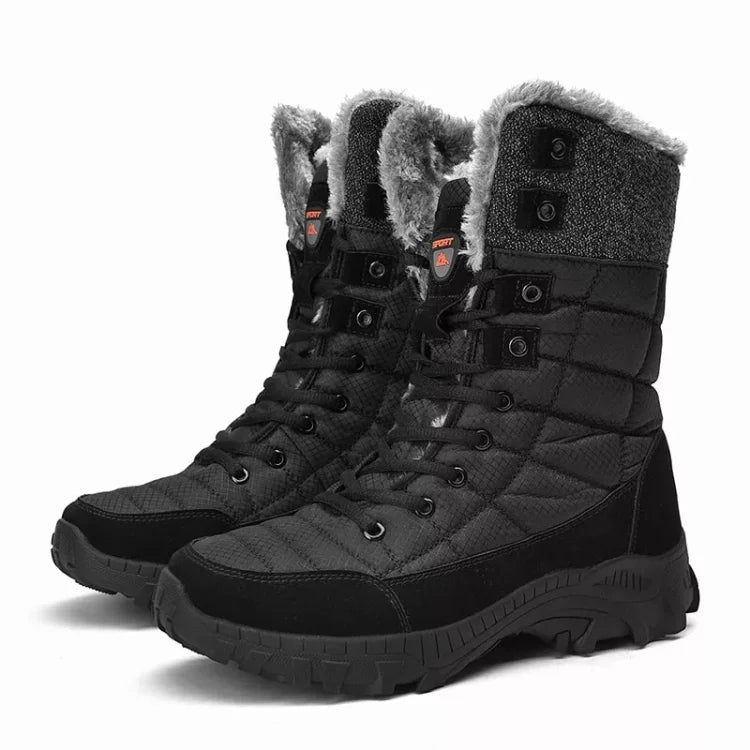 Bottes d'hiver noires pour femmes, doublure en fourrure, semelle antidérapante, lacets robustes, idéales pour temps froid et neige.