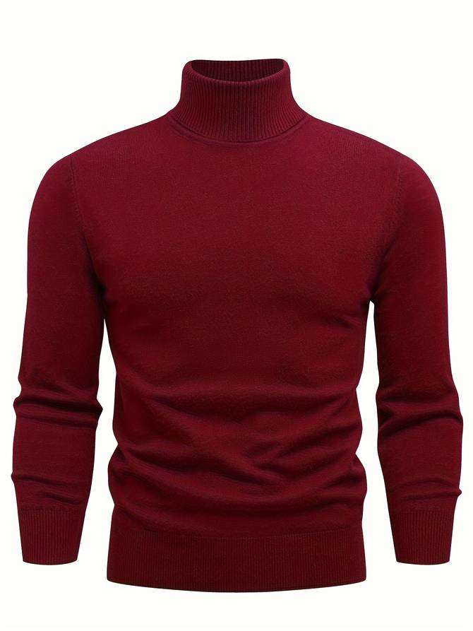 Pull col roulé rouge bordeaux pour homme, manches longues, tricoté, élégant et chaud, idéal pour l'hiver et la mode masculine.