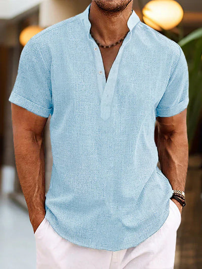 Chemise en lin Silas pour homme - Chemise d'été respirante à col Henley et manches courtes