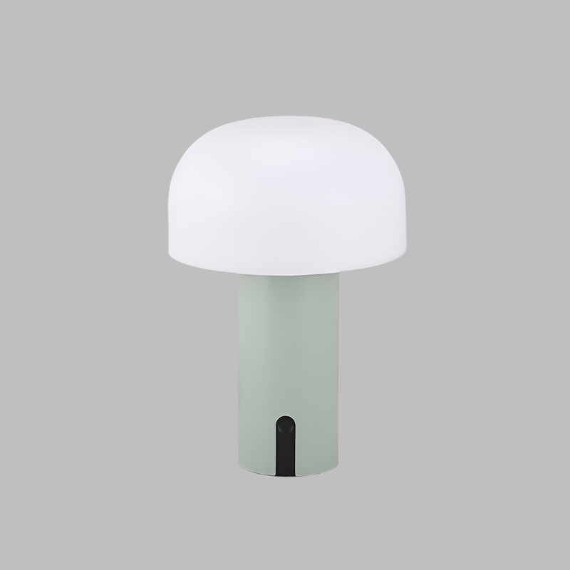Lampe de table champignon moderne avec abat-jour blanc et base vert clair, design minimaliste, éclairage intérieur élégant, décoration contemporaine.