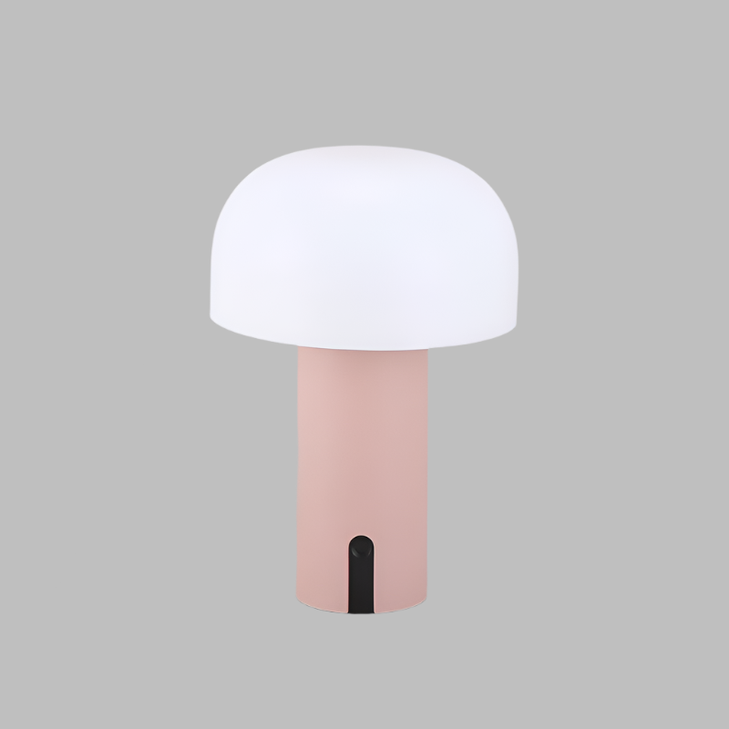 Lampe de table champignon moderne avec abat-jour blanc et base rose, design minimaliste, éclairage intérieur, décoration contemporaine.