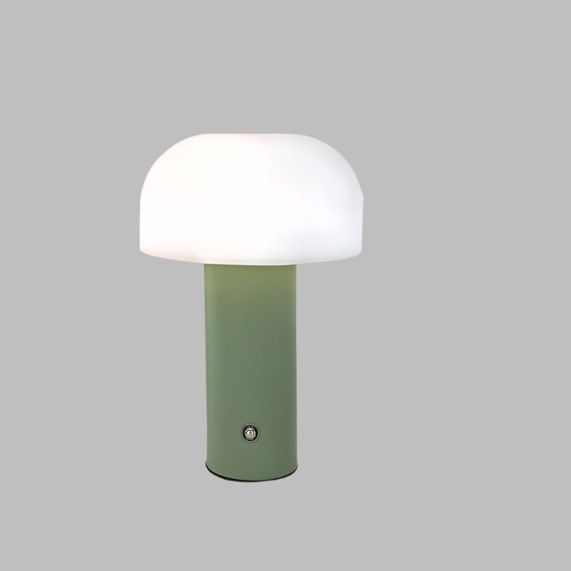 Lampe champignon moderne avec abat-jour blanc et base verte, design minimaliste, éclairage intérieur, décoration contemporaine, style scandinave.