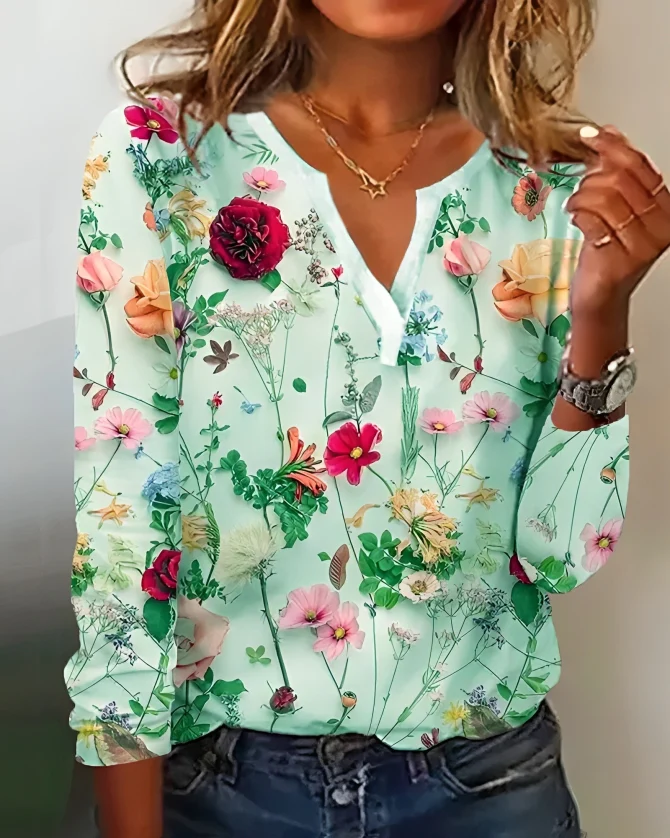 Elena - Blusa con estampado floral y escote en V