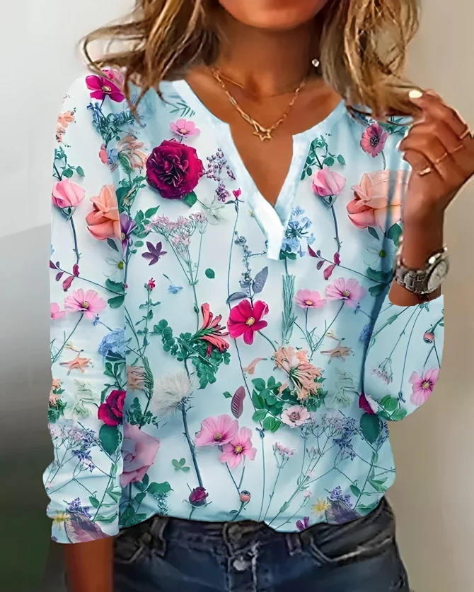 Elena - Blusa con estampado floral y escote en V