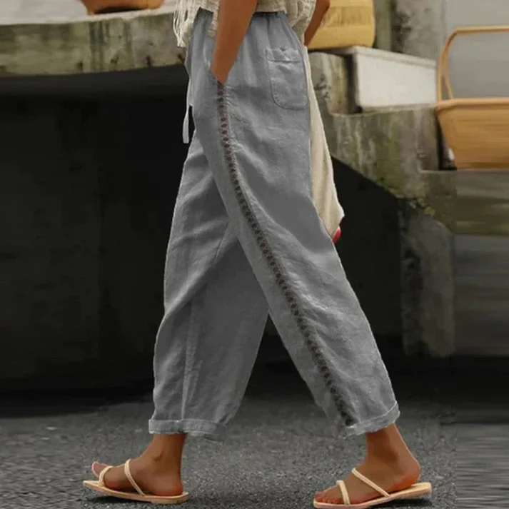 Elena - Pantalón de lino con bordado y cinturilla elástica