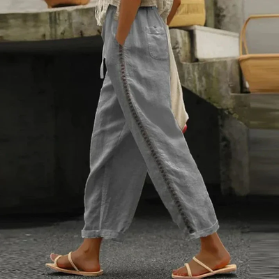 Elena - Pantalón de lino con bordado y cinturilla elástica