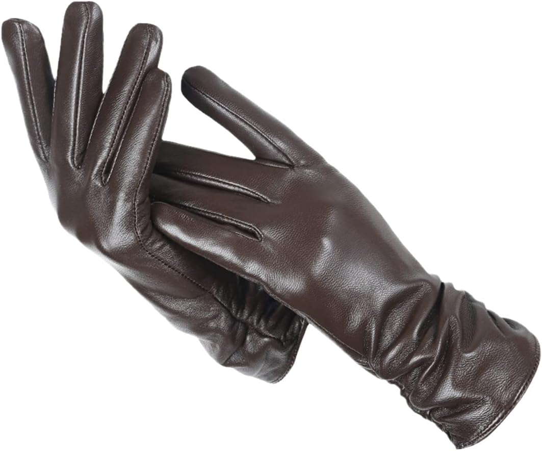 Gants en cuir marron pour femme, élégants et chauds, parfaits pour l'hiver. Accessoire de mode, confort et style.