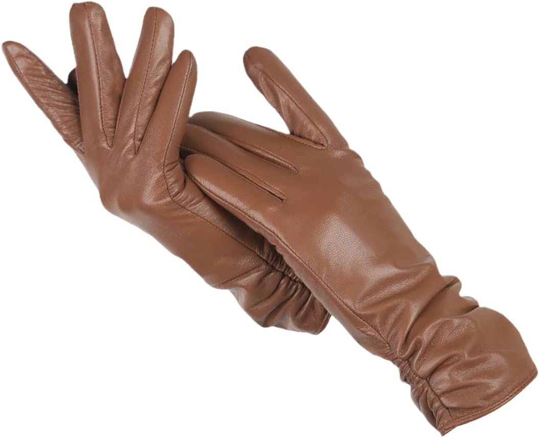 Gants en cuir marron pour femme, élégants et longs, parfaits pour l'hiver. Accessoire de mode chaud et stylé.