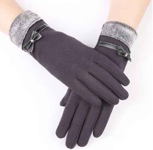 Gants élégants en laine gris foncé avec nœuds décoratifs et poignets en fausse fourrure, accessoires mode hiver pour femmes.