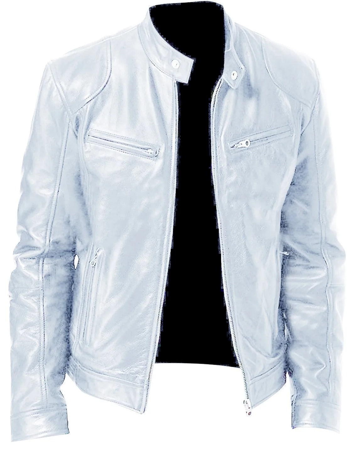 Veste en cuir blanc pour homme, style motard, avec fermeture éclair et poches zippées. Mode masculine, blouson tendance, vêtement élégant.
