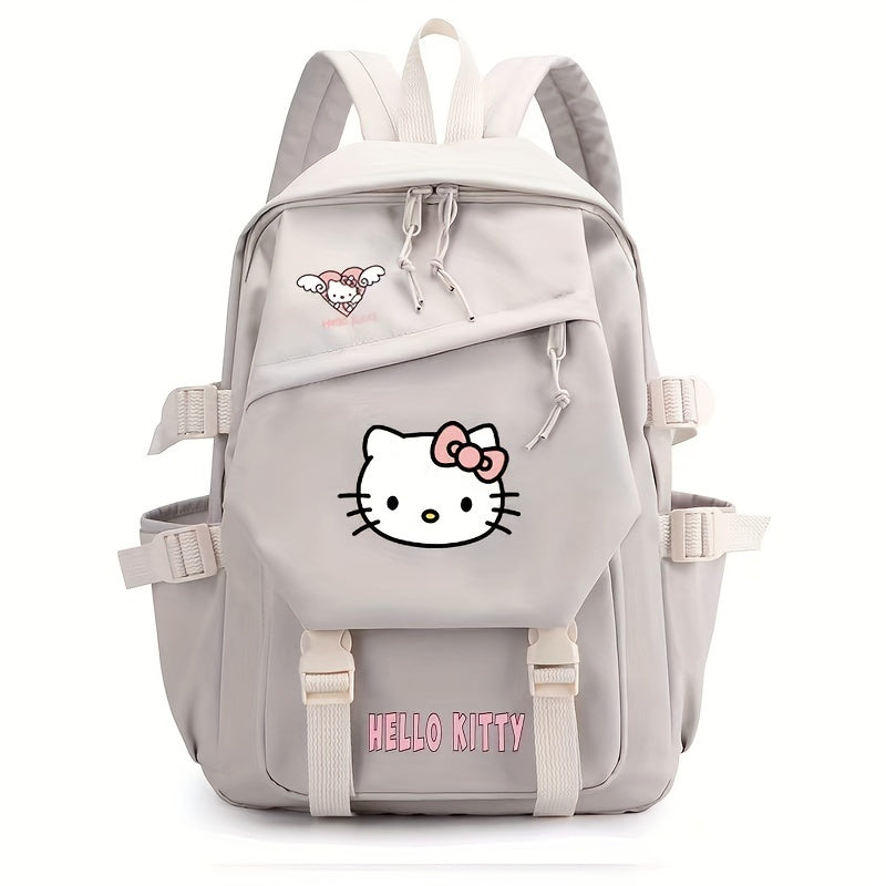 Sac à dos Hello Kitty beige avec motif chat, poches multiples et bretelles ajustables. Accessoire mode enfant, pratique pour l'école.