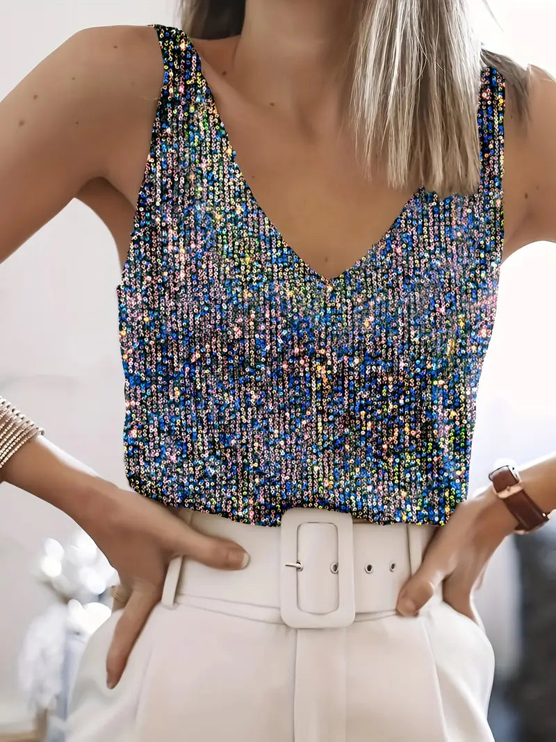 Femme portant un débardeur à paillettes multicolores et un pantalon blanc ceinturé, mode élégante et tendance, style chic et moderne.