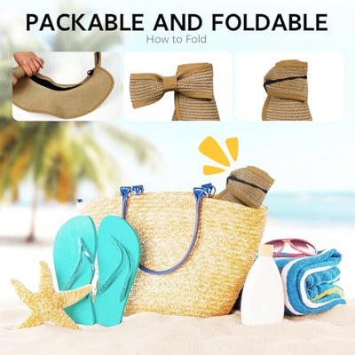 Sombrero de paja plegable para mujer con ala ancha y protección UV