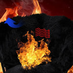 Vêtements en laine noire en feu, symbolisant la résistance au feu. Flamme vive, fond rouge, icônes bleues et rouges. Sécurité textile, protection incendie.