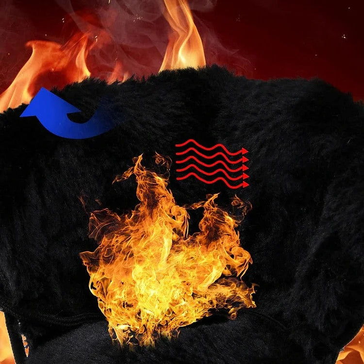 Vêtements en laine noire en feu, symbolisant la résistance au feu. Flamme vive, fond rouge, icônes bleues et rouges. Sécurité textile, protection incendie.