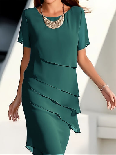 Elegante vestido formal de una sola capa con ribete de color, cuello redondo y manga corta para mujer | Para ocasiones formales