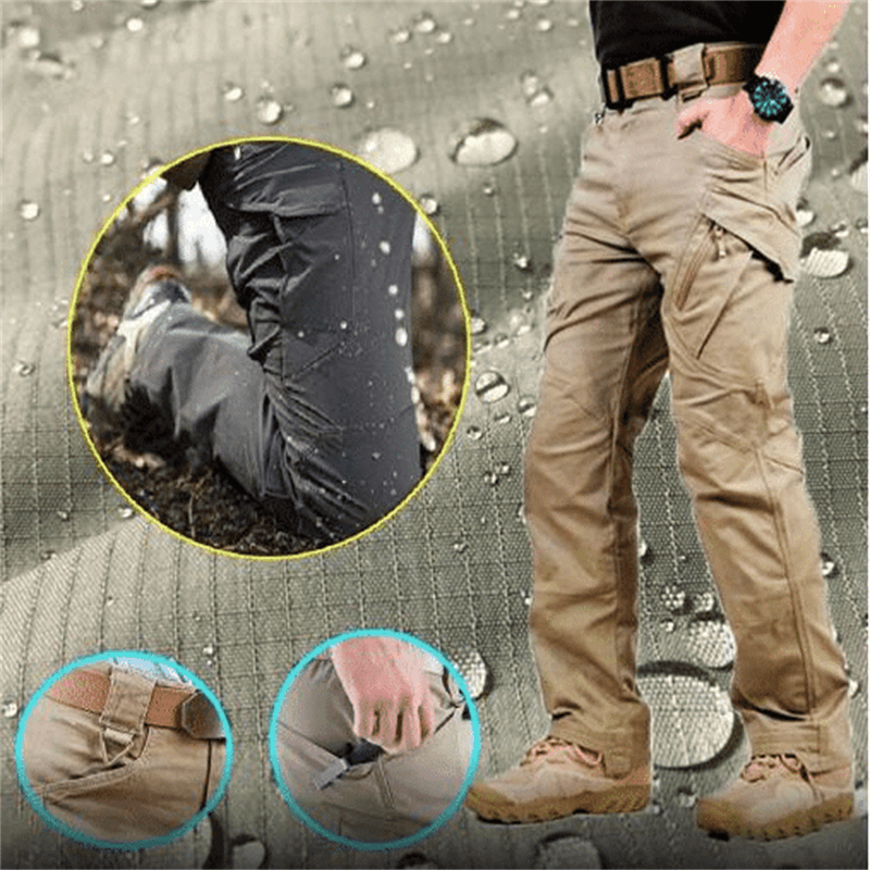 Pantalon cargo imperméable pour homme, résistant à l'eau, idéal pour activités extérieures. Design pratique avec poches multiples et tissu robuste.