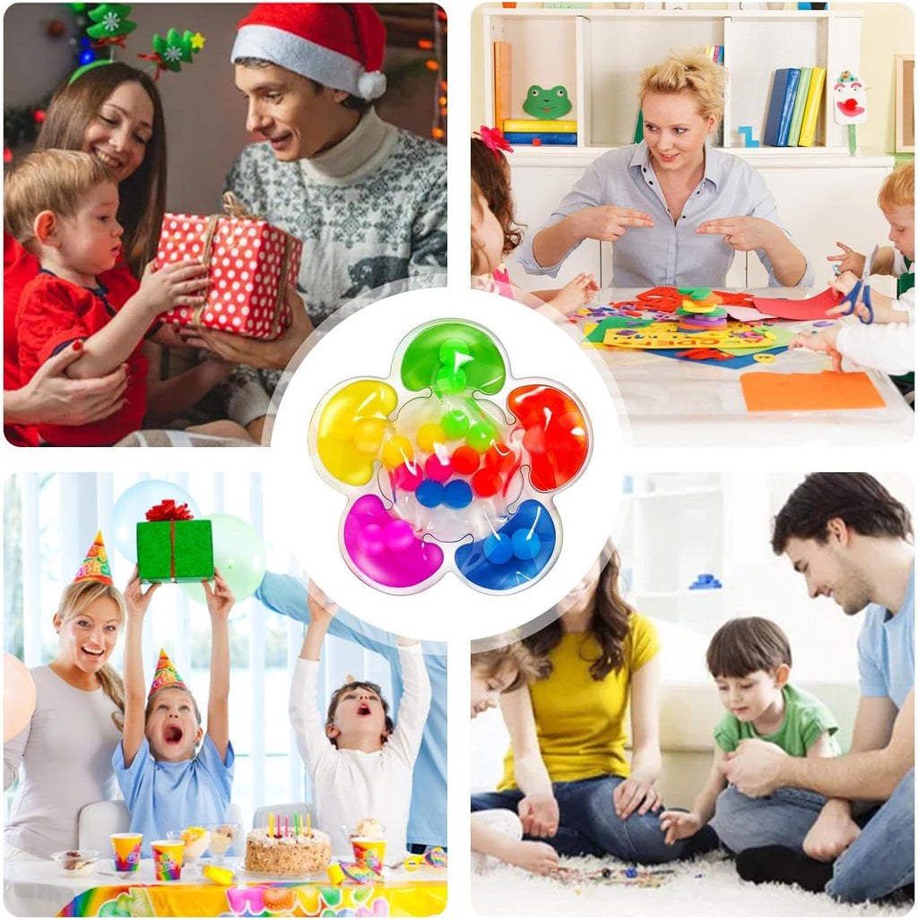 Image de familles célébrant avec des enfants, jouant et ouvrant des cadeaux. Activités ludiques et festives, ambiance joyeuse et colorée.