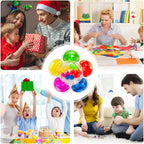 Image de familles célébrant avec des enfants, jouant et ouvrant des cadeaux. Activités ludiques et festives, ambiance joyeuse et colorée.