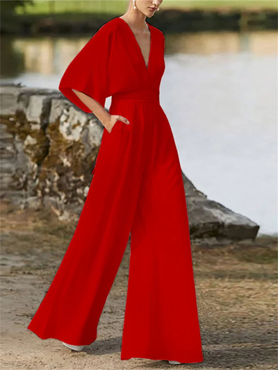 Tuta elegante da donna con scollo a V, gamba larga e maniche a pipistrello | Ideale per l'inverno