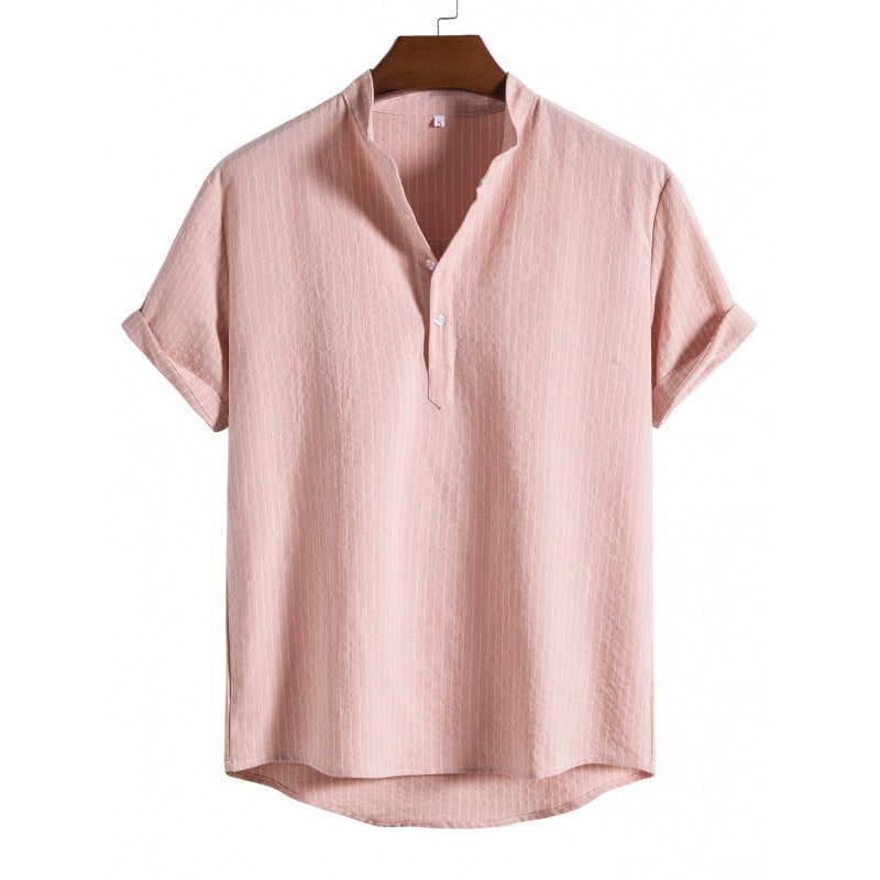 Camisa de lino a rayas para hombre con tapeta de medio botón
