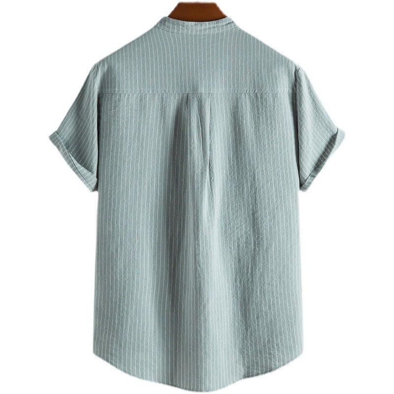Camisa de lino a rayas para hombre con tapeta de medio botón