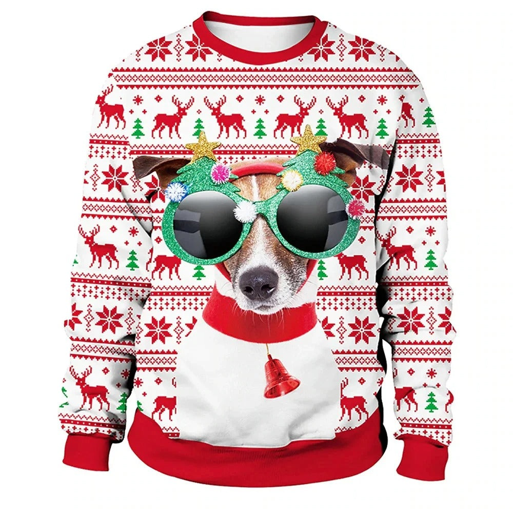 Pull de Noël avec motif chien, lunettes de soleil festives, rennes et flocons de neige rouges. Vêtement humoristique et original pour fêtes.
