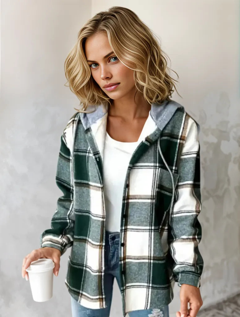 Jeune femme blonde portant une chemise à carreaux verte et blanche, tenant un gobelet de café, posant devant un mur neutre. Mode décontractée tendance.