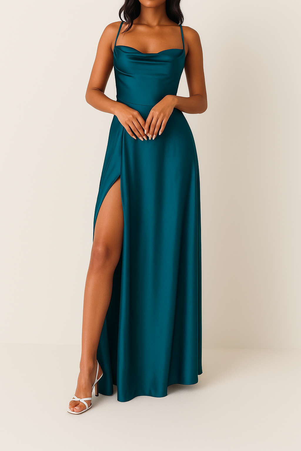 Robe longue satinée bleu sarcelle avec bretelles fines et fente haute, portée par une femme, chaussures blanches à talons. Mode élégante soirée.