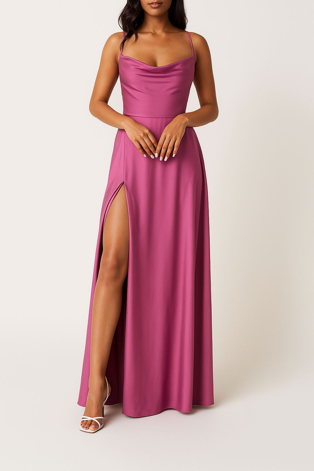 Robe longue rose fuchsia avec bretelles fines et fente haute, portée par une femme. Mode élégante, tenue de soirée chic, style glamour.