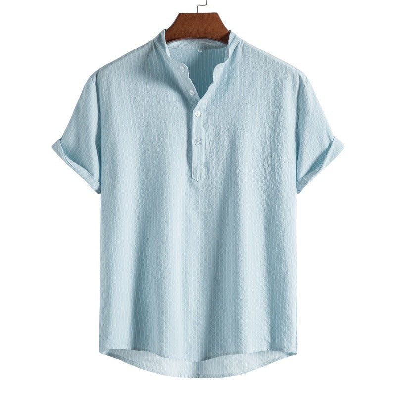 Camisa de lino a rayas para hombre con tapeta de medio botón