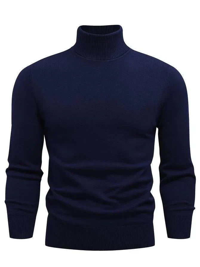 Pull col roulé bleu marine pour homme, manches longues, style élégant et moderne, idéal pour l'hiver et la mode masculine.