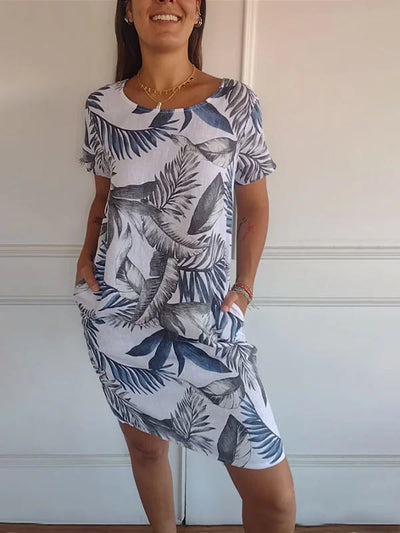 Elisabeth - Vestido de mujer de algodón y lino con cuello redondo
