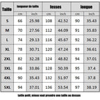 Tableau des tailles de vêtements avec mesures en centimètres et pouces pour tailles S à 5XL, incluant longueur de taille, fesses et longueur.