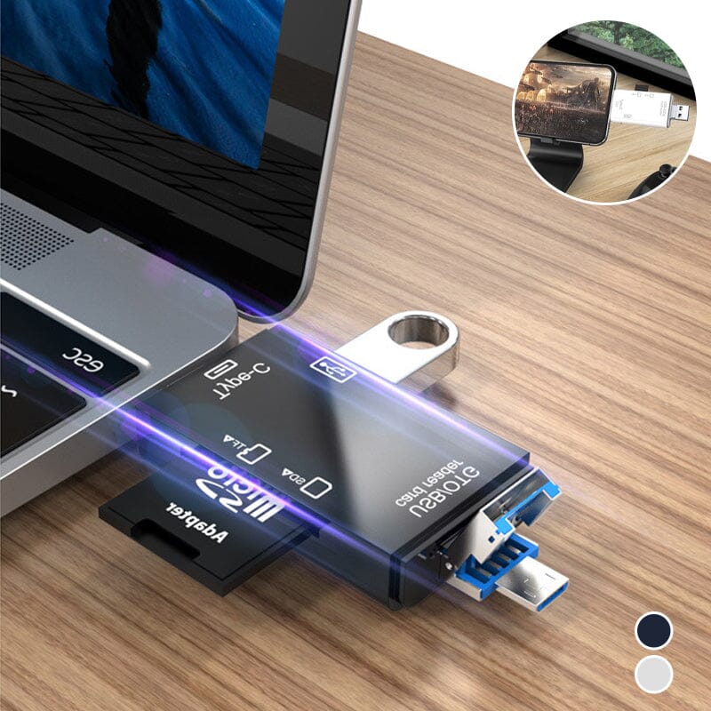 Adaptateur USB-C multifonction connecté à un ordinateur portable, avec ports USB, HDMI et lecteur de carte SD, sur un bureau en bois.