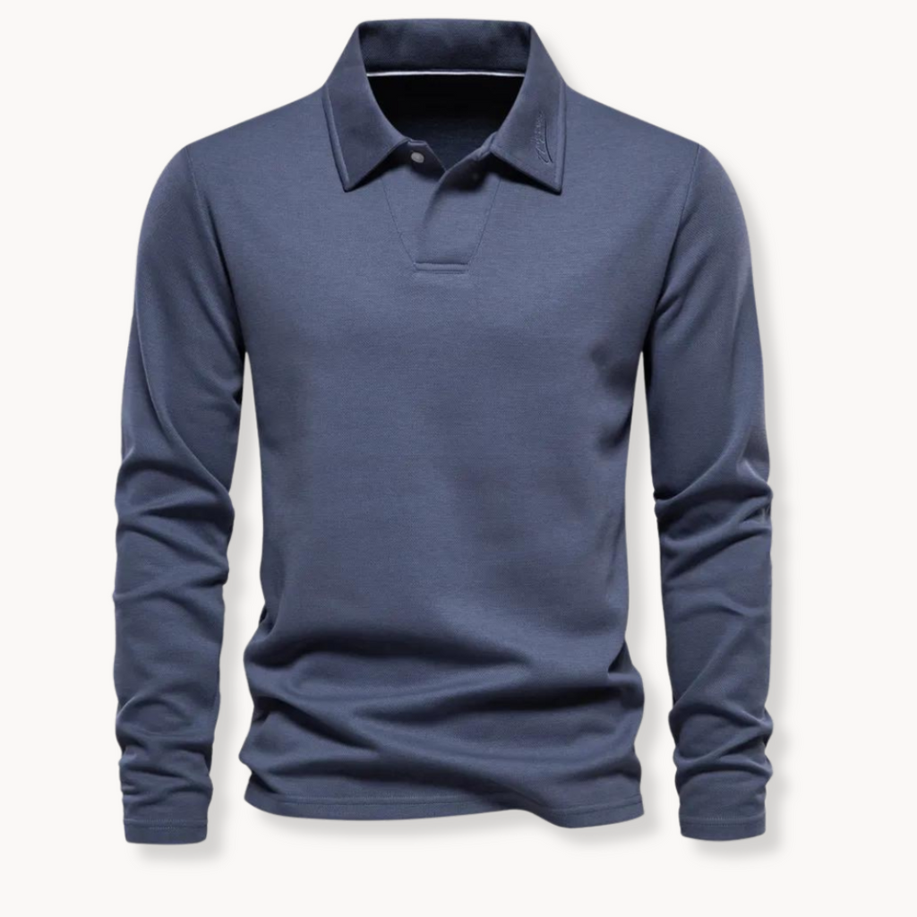 Polo bleu marine à manches longues pour homme, col classique, style décontracté et élégant, idéal pour la mode automne-hiver.