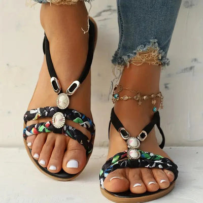 Sandalias de mujer | Estilo boho de verano | Suela suave y tacón de cuña bajo | Diseño floral