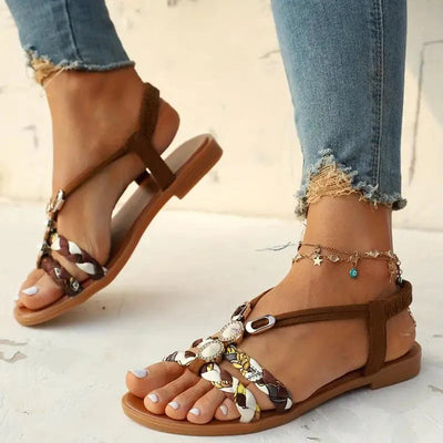 Sandalias de mujer | Estilo boho de verano | Suela suave y tacón de cuña bajo | Diseño floral