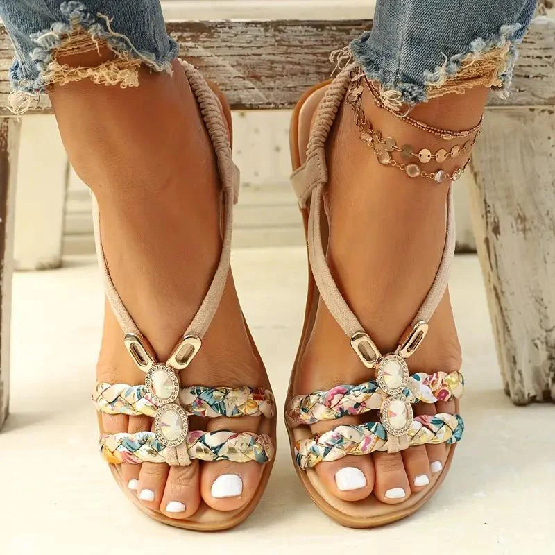 Sandalias de mujer | Estilo boho de verano | Suela suave y tacón de cuña bajo | Diseño floral