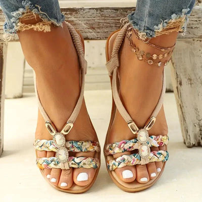 Sandalias de mujer | Estilo boho de verano | Suela suave y tacón de cuña bajo | Diseño floral