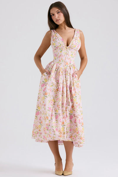 Vestido midi para mujer | Boho floral con escote en V | Sin mangas, corte A | Verano y boda