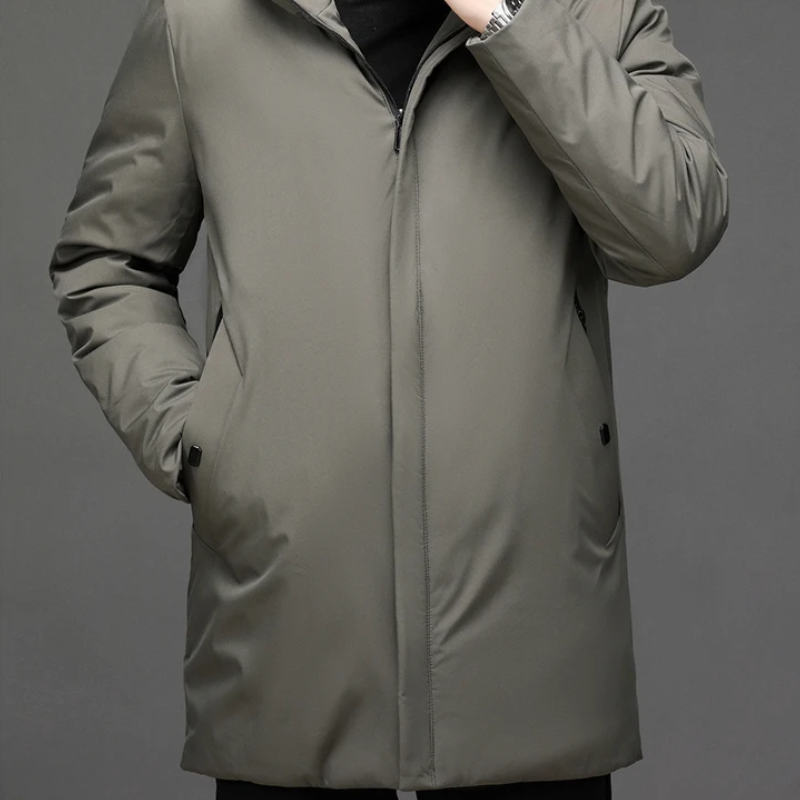 Manteau d'hiver gris pour homme, élégant et chaud, avec fermeture éclair, poches latérales, idéal pour la mode masculine et les temps froids.