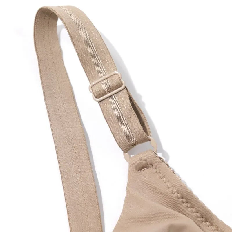 Bretelle de soutien-gorge beige ajustable, tissu doux, couture précise, accessoire lingerie femme, mode confortable, détail élégant.